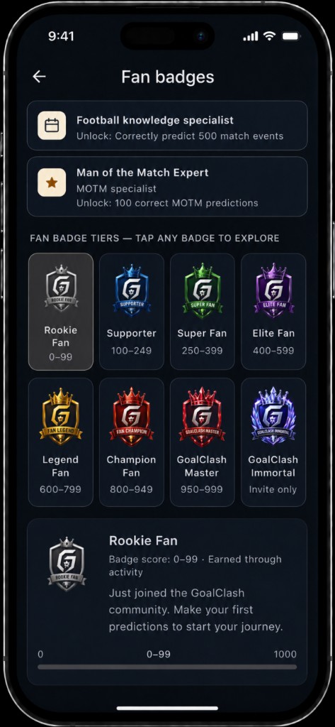 GoalClash Fan Badge tiers from Rookie Fan to GoalClash Immortal